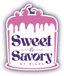 Small pink and purple cake Sweet & Savory By Diane logo with shadow, the best cake decorator in Roseville, Minnesota.
