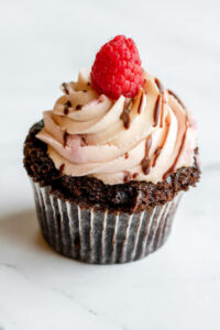 Chocolate cupcake topped with a strawberry and chocolate frosting as made famous by Sweets by Diane in Roseville, Minnesota