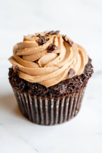 Chocolate cupcake topped with chocolate frosting and chips as made famous by Sweets by Diane in Roseville, Minnesota
