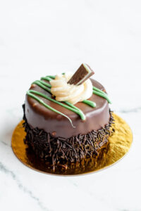 Mini chocolate cake topped with mint chocolate frosting as made famous by Sweets by Diane in Roseville, Minnesota.