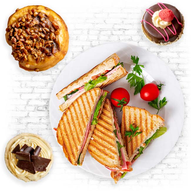 The best grilled panini sandwich, cakes, and treats in Roseville Minnesota for lunch is served at Sweet & Savory By Diane at the POTLUCK Food Hall in Rosedale Center.